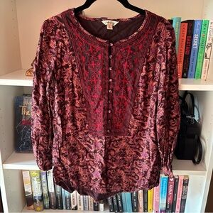 Lucky Brand Burgundy and Pink Patterned Blouse